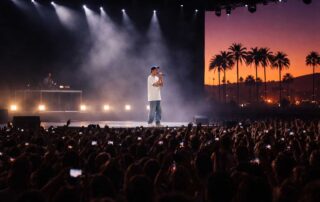 Justin Bieber performing live at Coachella 2026 with a minimalist stage and crowd at sunset